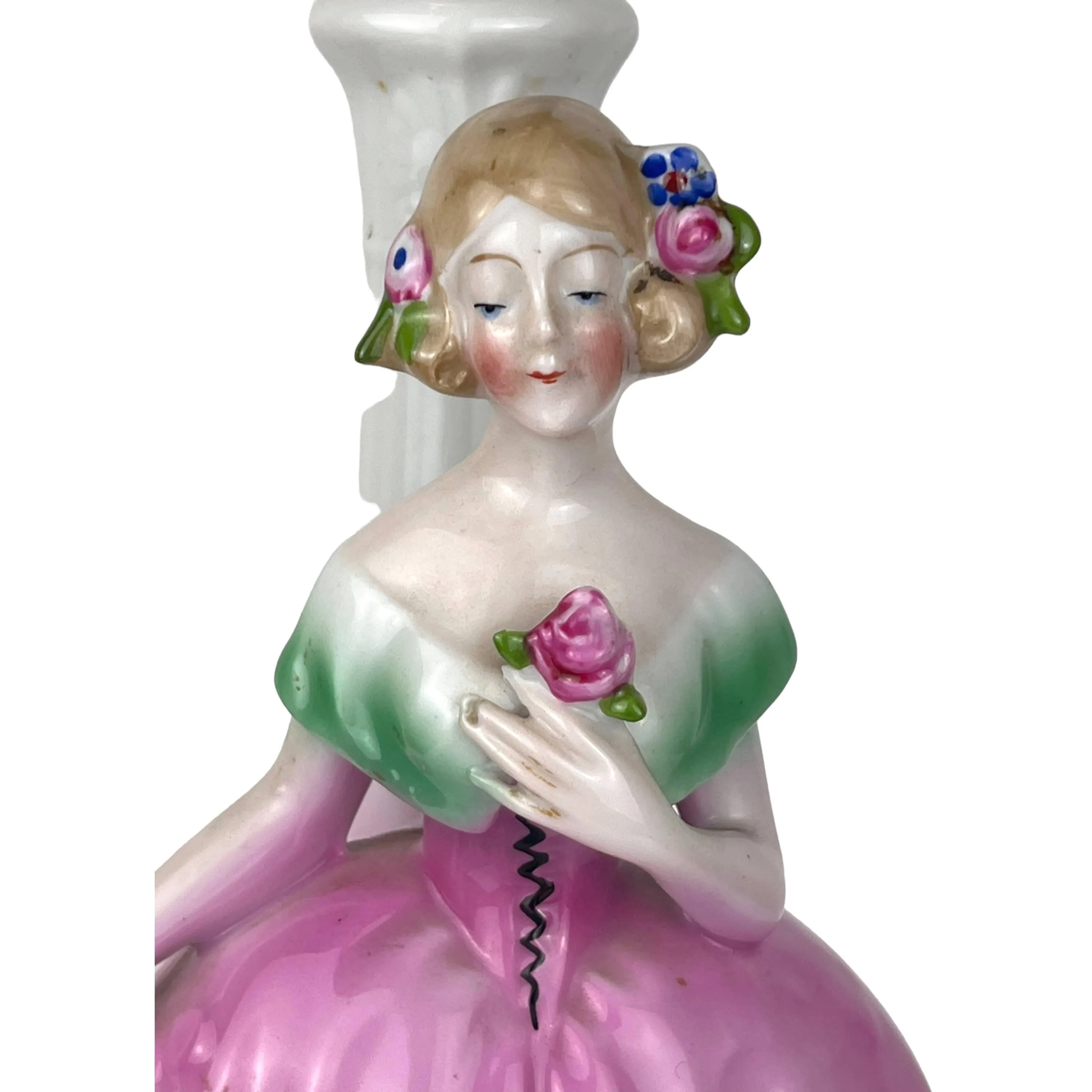 1920s Art Deco Figural Boudoir Lamp Ceramic Lady Holding Flower Figurine