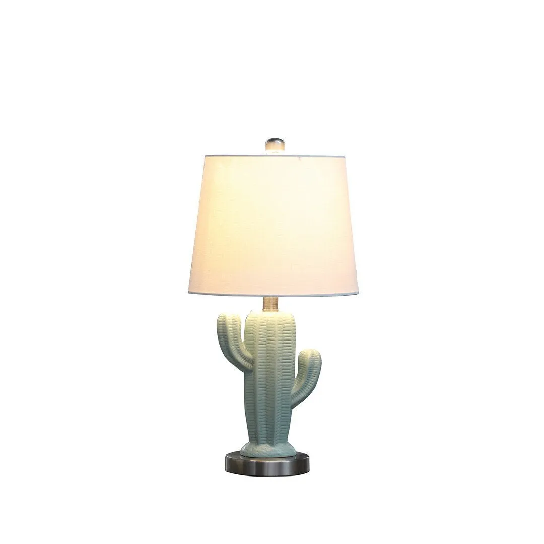 22" In Southwest Teal Ceramic Cactus Plant Modern Metal Table Lamp