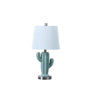 22" In Southwest Teal Ceramic Cactus Plant Modern Metal Table Lamp