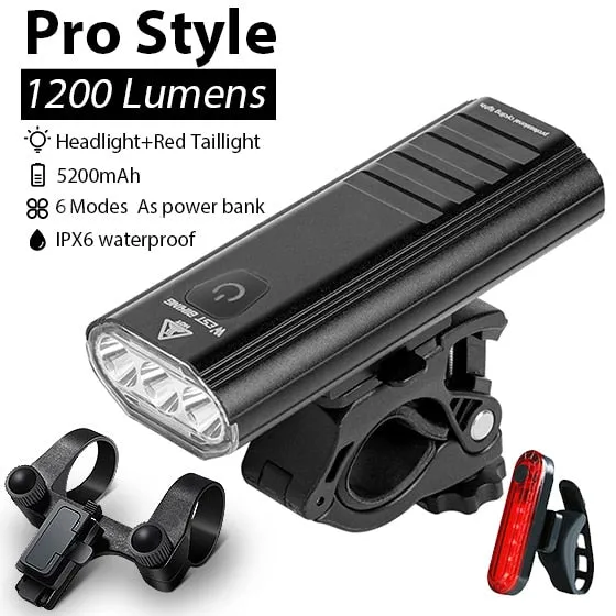 5200mAh 1200LM Bike Light 3 LED Battery Display USB Rechargeable Headlight Waterproof Cycling Front Lamp Power Bank