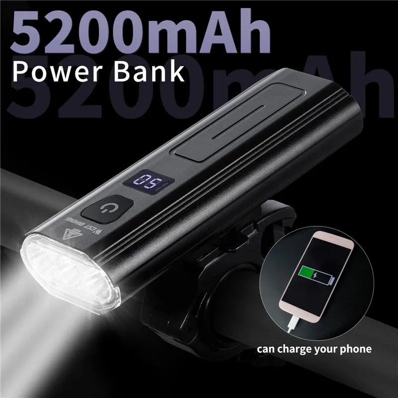 5200mAh 1200LM Bike Light 3 LED Battery Display USB Rechargeable Headlight Waterproof Cycling Front Lamp Power Bank