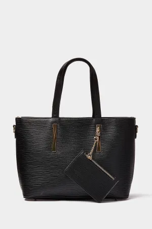 Black Textured Shopper Bag With Coin Purse