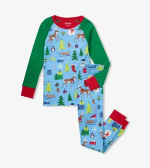 Blue Christmas Raglan Kids Organic Cotton Boys Pajama Set | Hatley