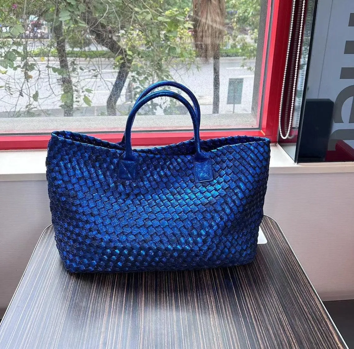 Chic Serpent Print Tote Bag - Luxurious Metallic & Vivid Hues Handwoven Vegan Leather Tote/Weekend Bag