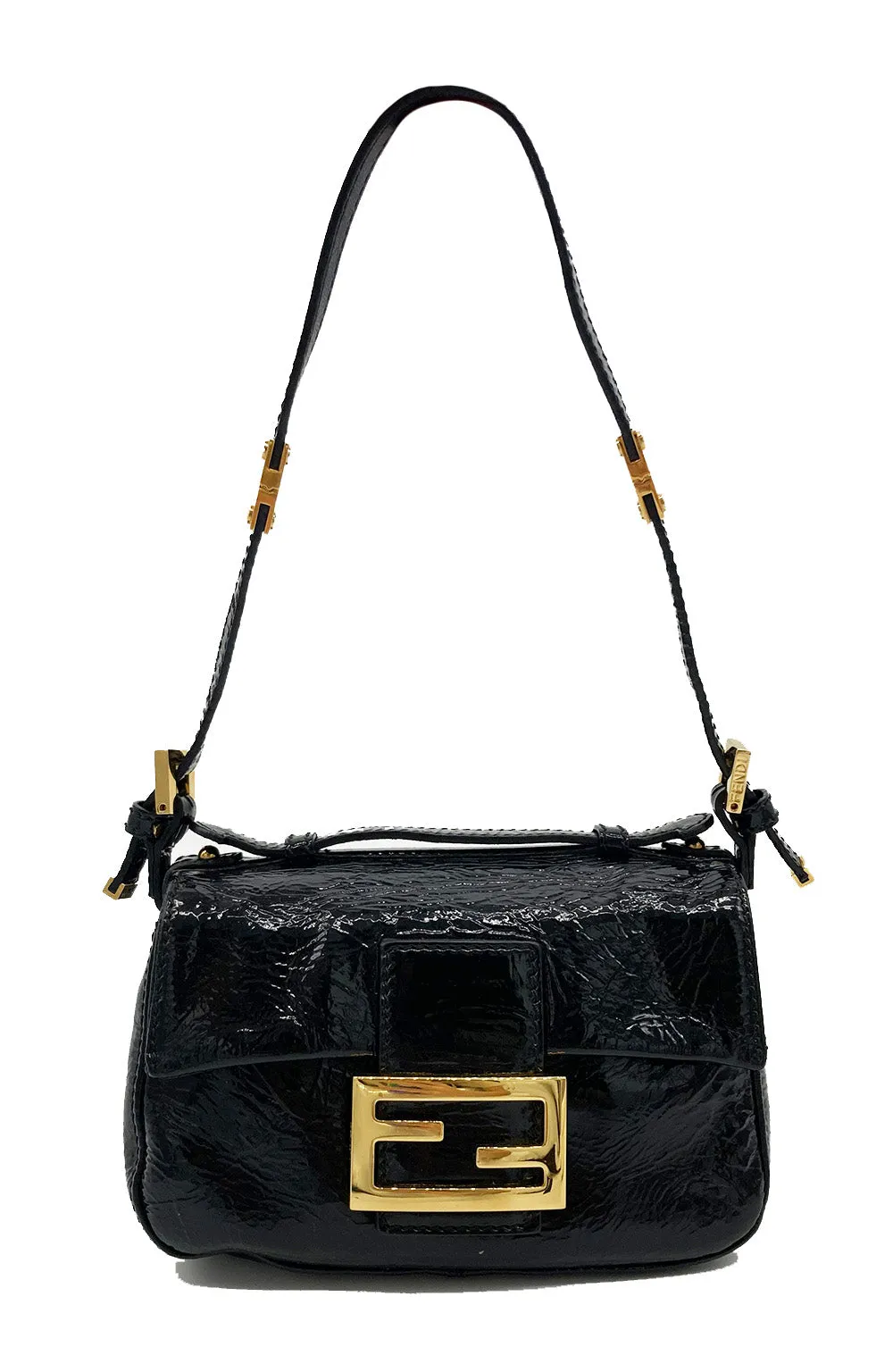 Fendi Black Patent and Silk Zucca Double Mini Baguette