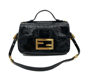 Fendi Black Patent and Silk Zucca Double Mini Baguette