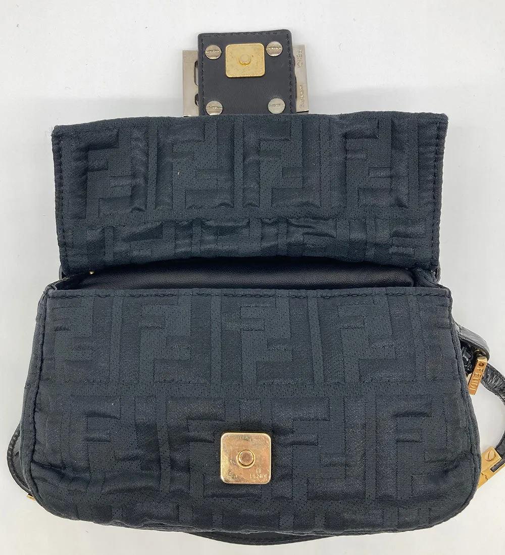 Fendi Black Patent and Silk Zucca Double Mini Baguette