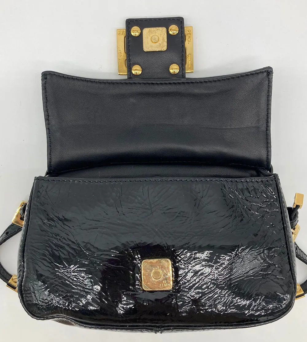 Fendi Black Patent and Silk Zucca Double Mini Baguette