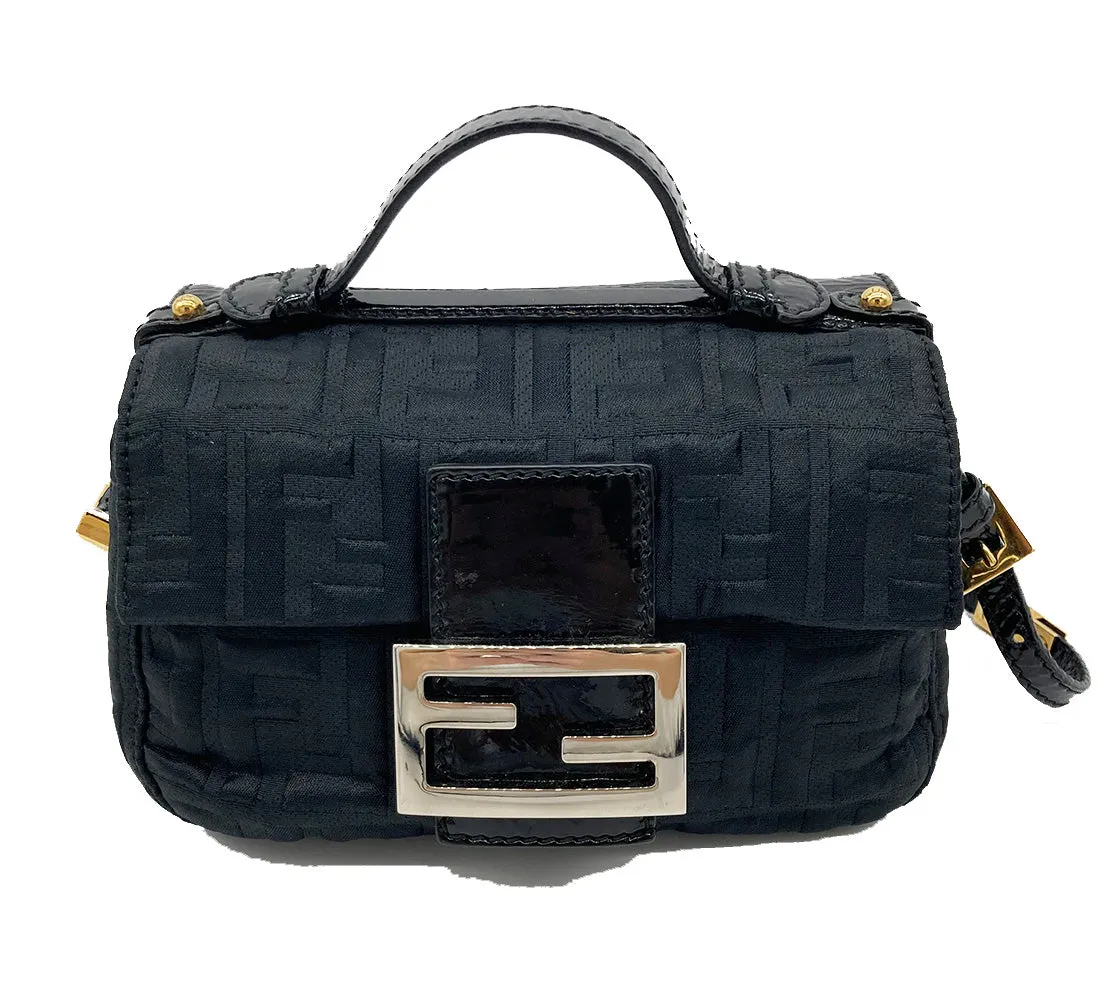 Fendi Black Patent and Silk Zucca Double Mini Baguette