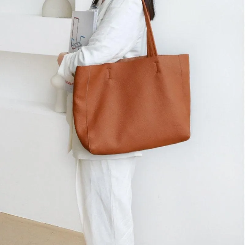 Handcrafted Leather Tote Bag ｜ Grain Leather Large Tote Bag Caramel Colour, Birthday gift for her,