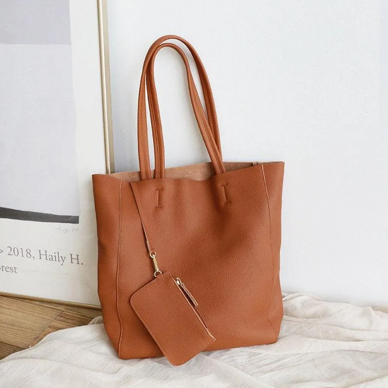 Handcrafted Leather Tote Bag ｜ Grain Leather Large Tote Bag Caramel Colour, Birthday gift for her,