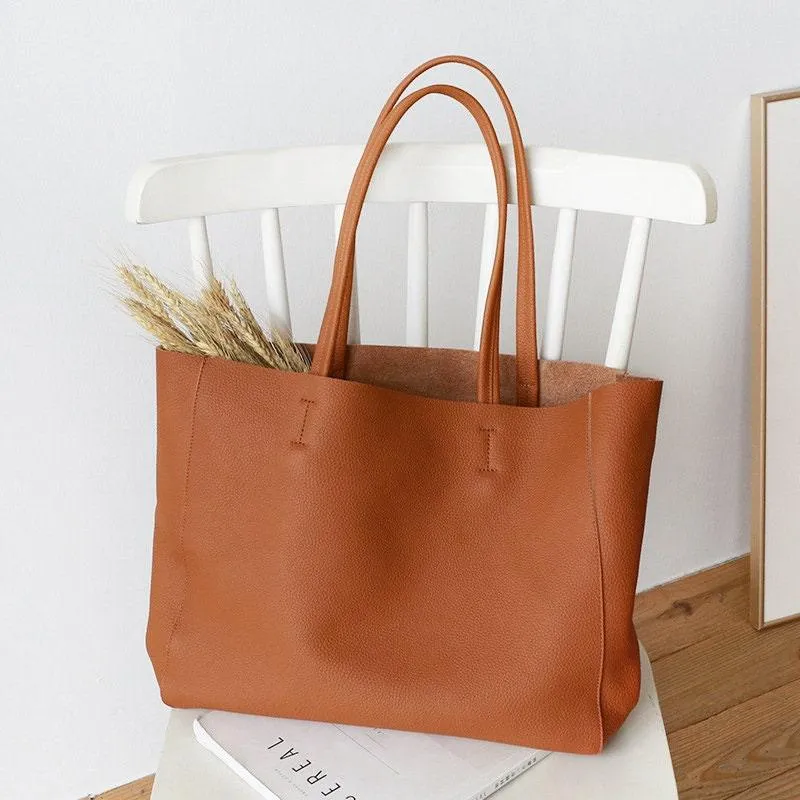 Handcrafted Leather Tote Bag ｜ Grain Leather Large Tote Bag Caramel Colour, Birthday gift for her,