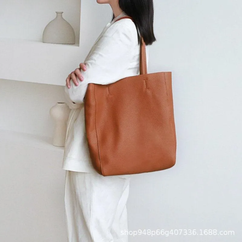 Handcrafted Leather Tote Bag ｜ Grain Leather Large Tote Bag Caramel Colour, Birthday gift for her,