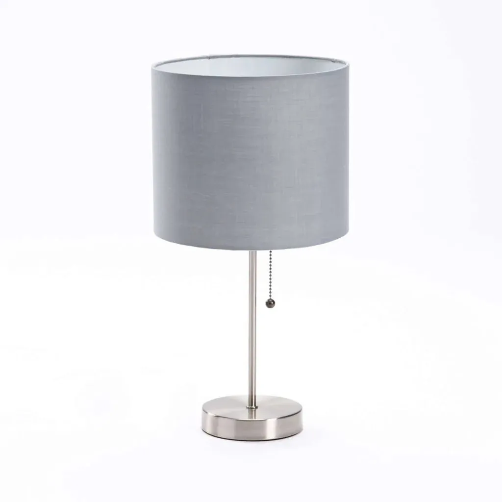 LAMP TABLE-METAL BASE-GREY FABRIC SHADE