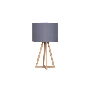 LAMP TABLE-TALL WOODEN TRIPOD-GREY FABRIC SHADE