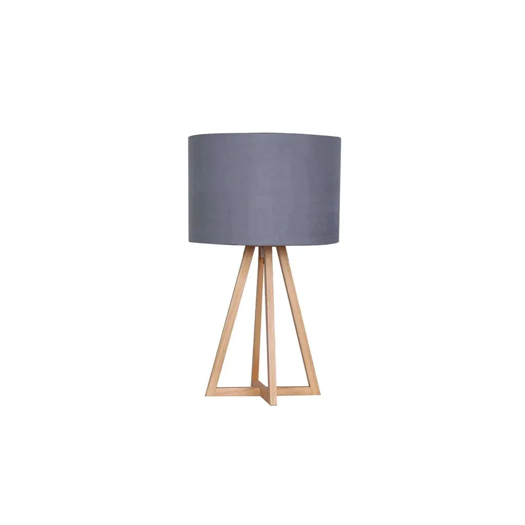 LAMP TABLE-TALL WOODEN TRIPOD-GREY FABRIC SHADE