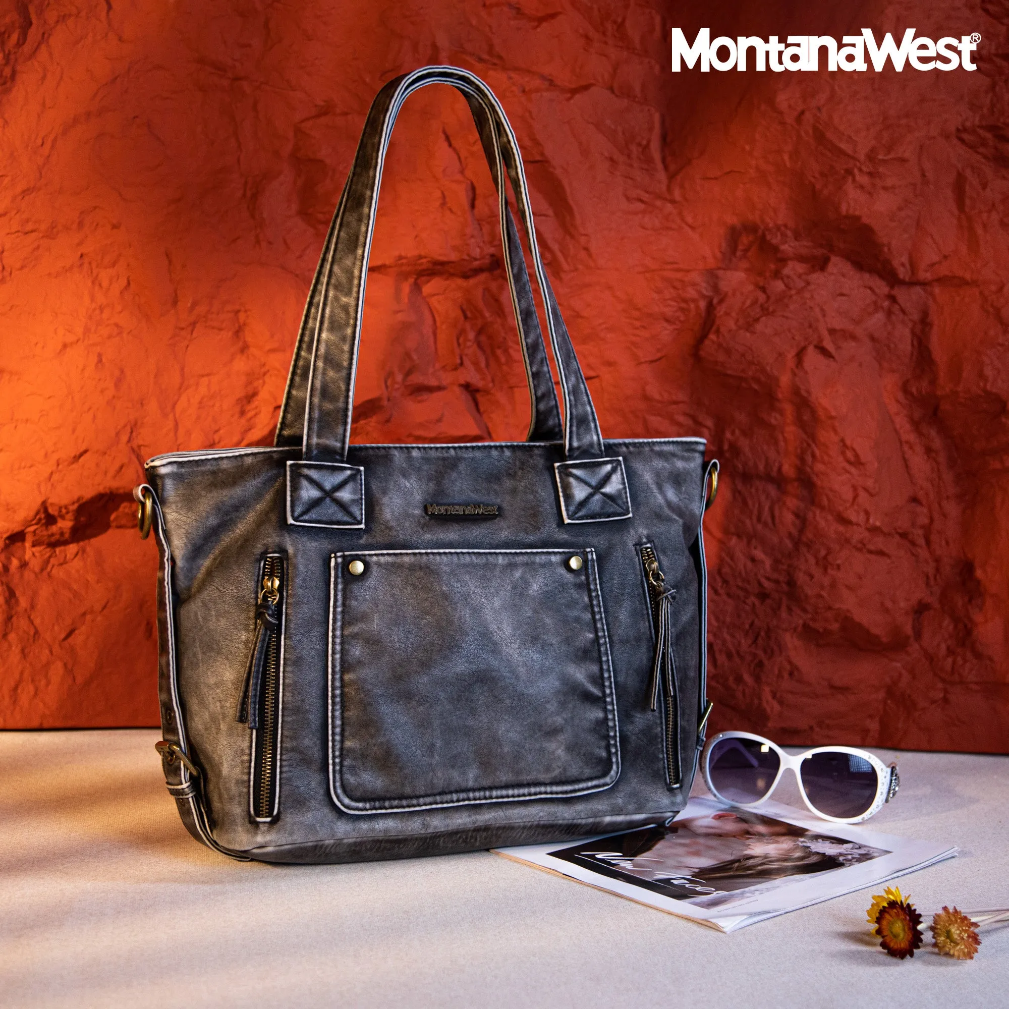 MWC-224 Montana West Stone Wash Tote - Black