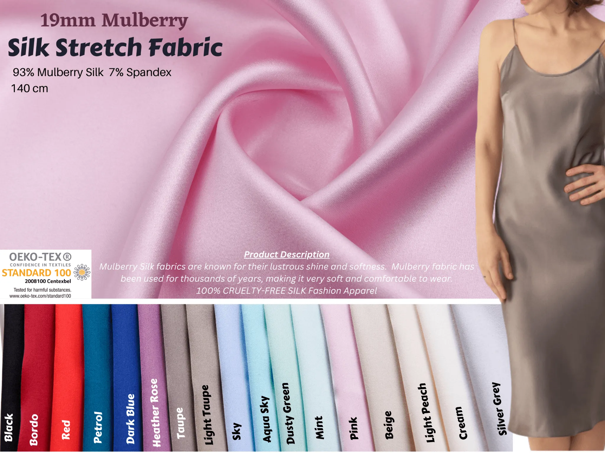 Original 100% Silk Stretch Silk Fabric, 19 Momme Mulberry Silk Fabric.100% CRUELTY-FREE SILK Fashion Apparel width 48 inch