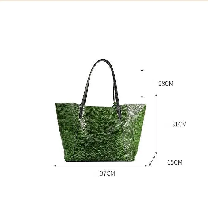 Oversize Large Leather Tote Bag, GENUINE Leather Bag, Lady Fashion Bag Green, Green Snake Print Leather Tote Bag