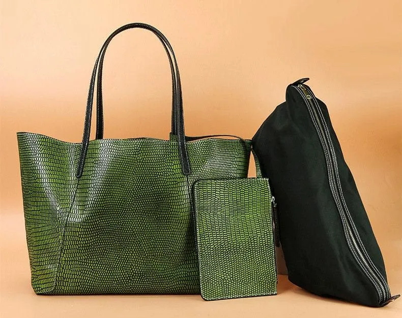 Oversize Large Leather Tote Bag, GENUINE Leather Bag, Lady Fashion Bag Green, Green Snake Print Leather Tote Bag