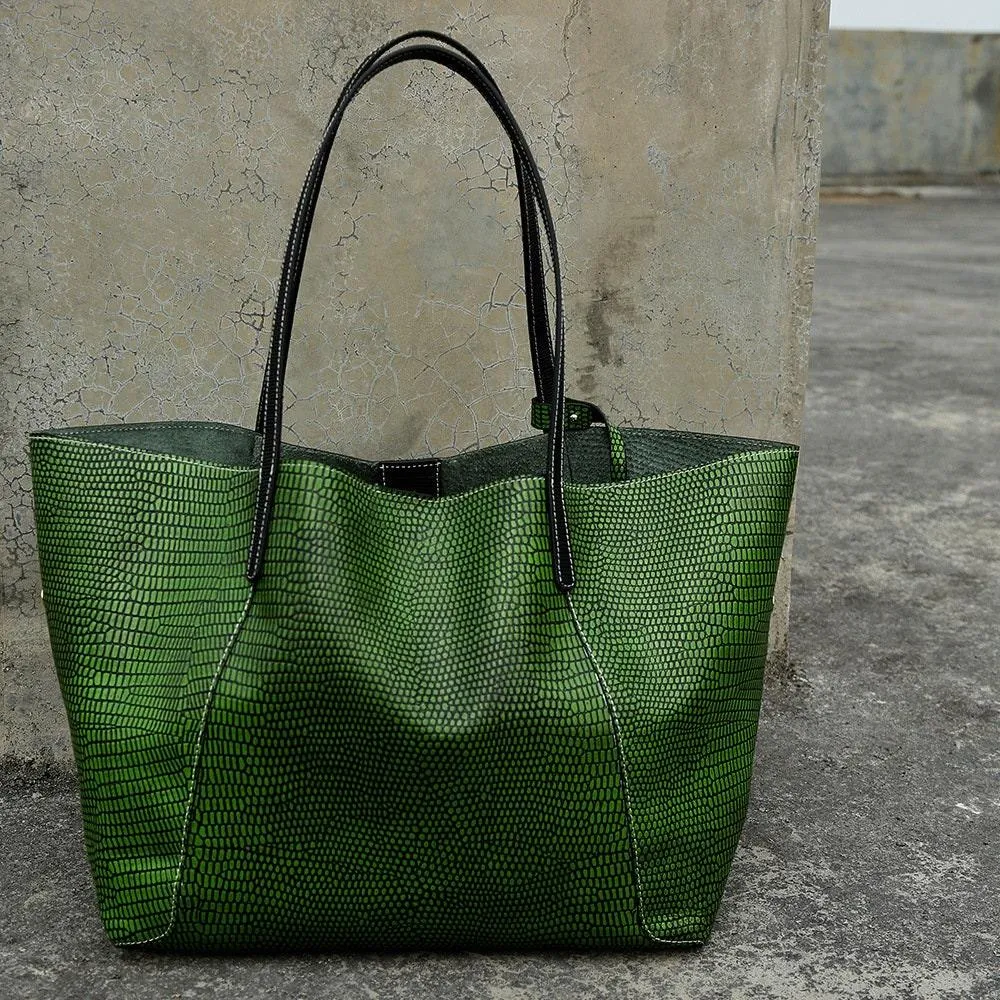 Oversize Large Leather Tote Bag, GENUINE Leather Bag, Lady Fashion Bag Green, Green Snake Print Leather Tote Bag