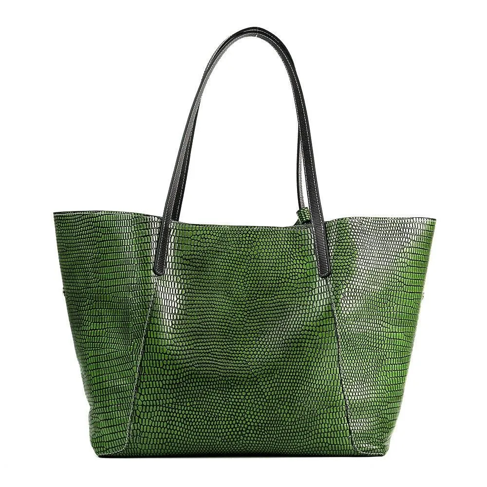 Oversize Large Leather Tote Bag, GENUINE Leather Bag, Lady Fashion Bag Green, Green Snake Print Leather Tote Bag