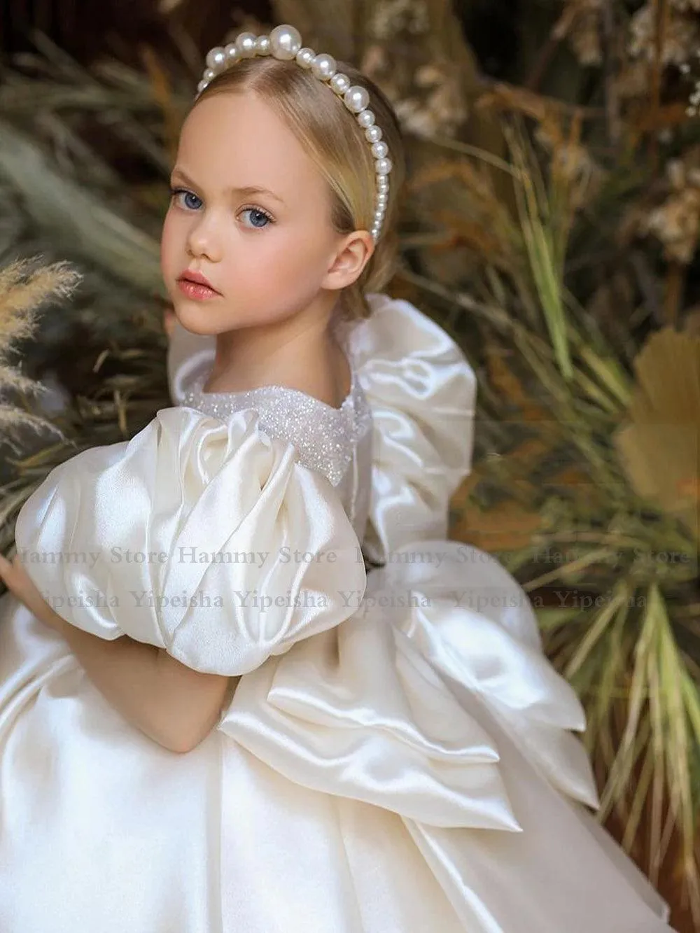 Puff-Sleeve Flower Girl Dress for First Communion and Kids Party