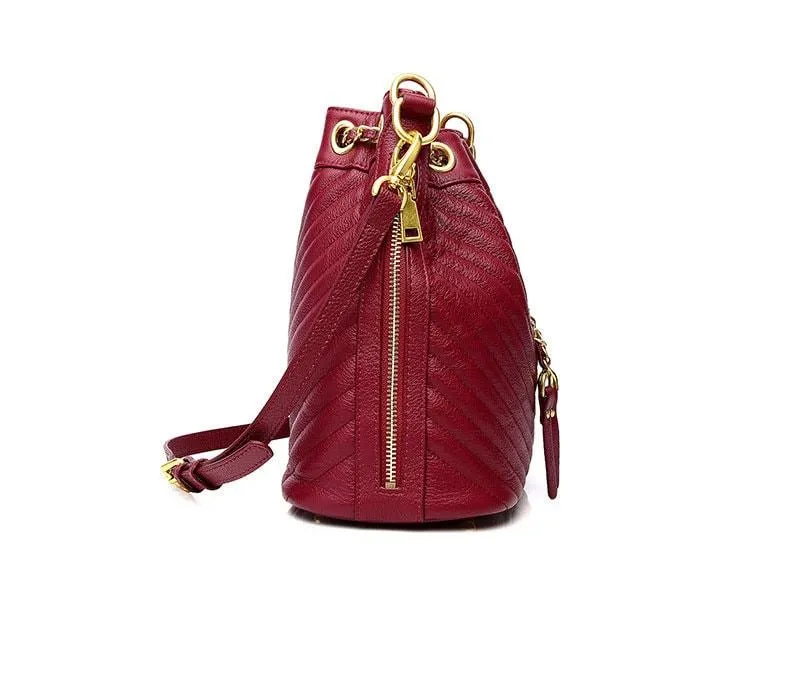 Quilted Leather Bucket Bag, Calf Leather Drawstring Fastening Shoulder Bag, Classic Wide Strap Shoulder Purse, Multiple Carry Leather Bag