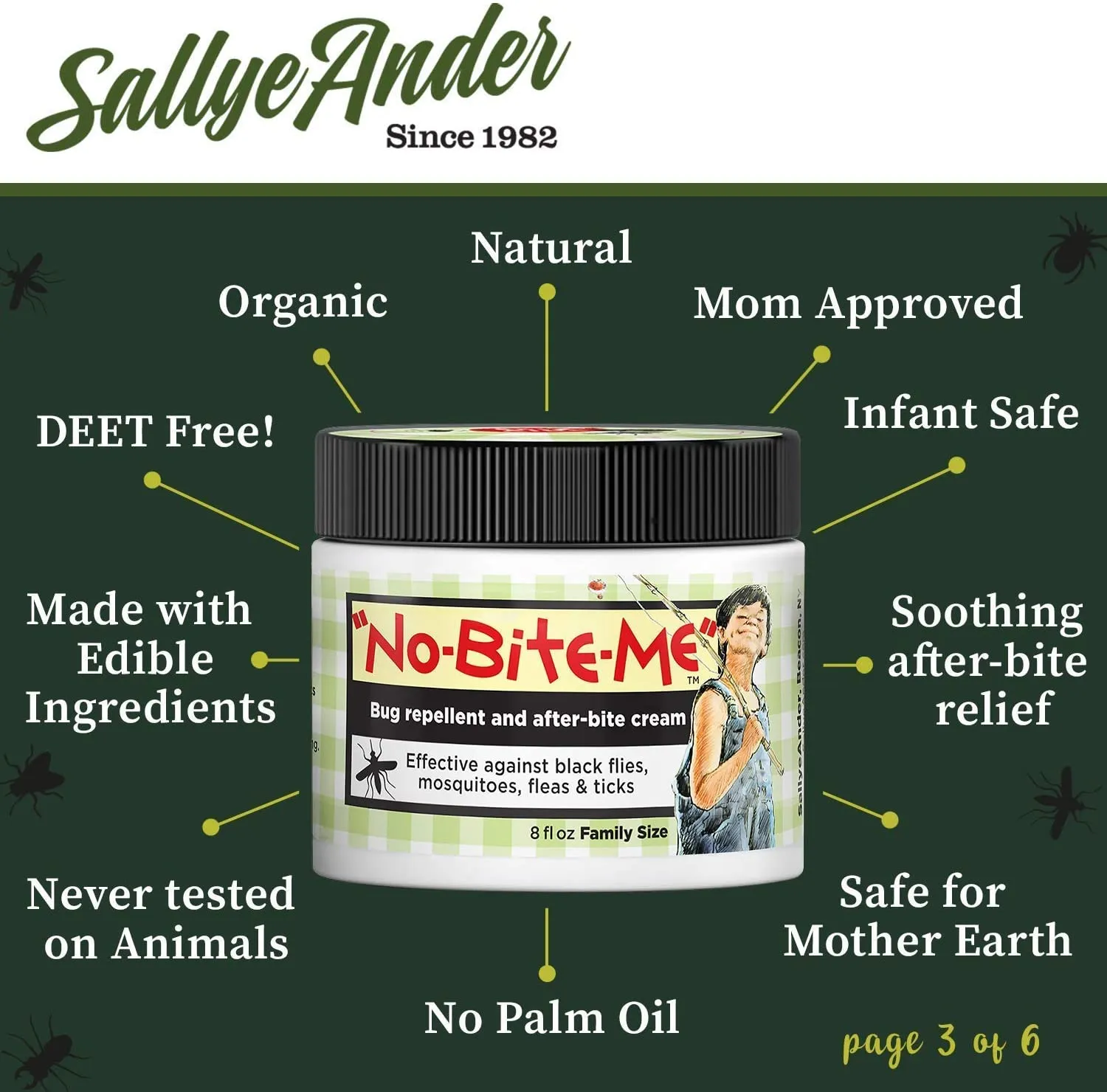 SALLYEANDER No-Bite-Me Natural Bug Repellent & anti Itch Cream - Safe for Kids and Infants - Repels Mosquitoes, Black Flies, Fleas, and Ticks - 2 Oz